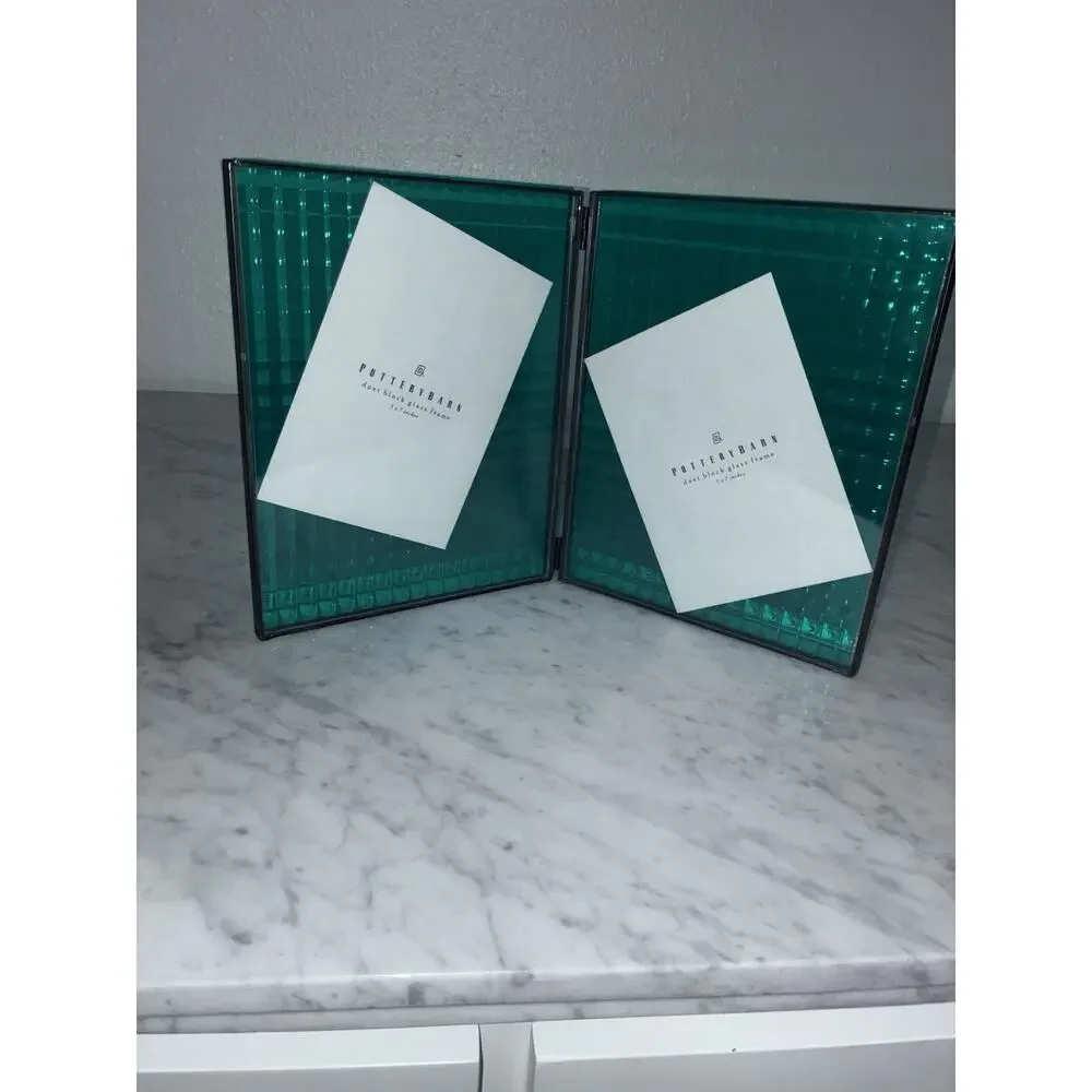 Pottery Barn Duet Block Glass Picture Frame Green Hinged Holds 2 5X7 Photo